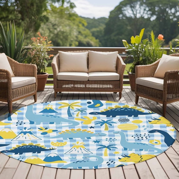 6ft Washable Round Rug, Happy Children's Day Non-Slip Circle Area Rug for Living Room Bedroom, Dinosaurs Palm Trees Volcanoes Blue Plaid Indoor Floor Mat for Home Decor