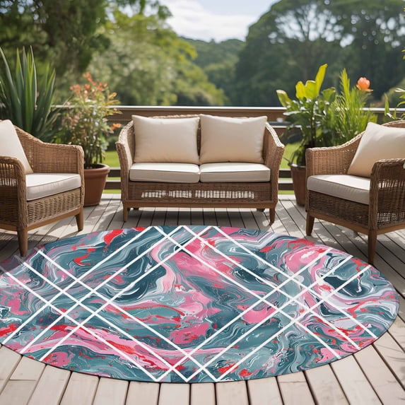 6ft Washable Round Rug, Pink and Non-Slip Circle Area Rug for Living Room Bedroom, Grey Marble Abstract Geometric Contemporary Art Indoor Floor Mat for Home Decor