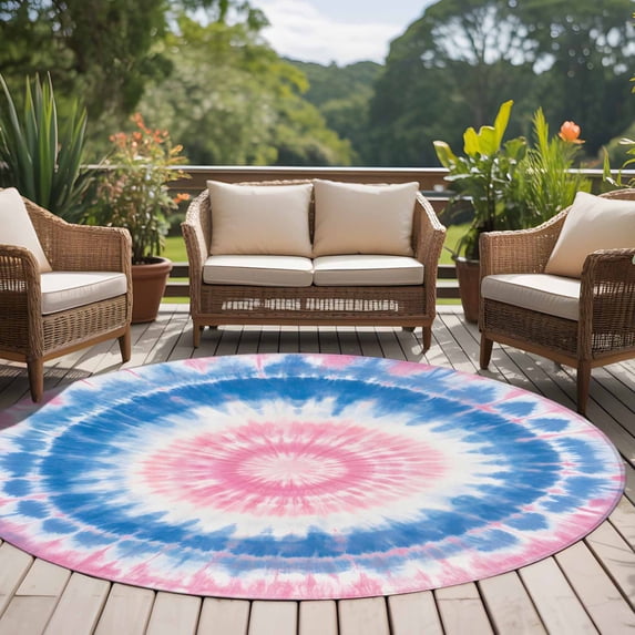 6ft Washable Round Rug, Round Tie-dye Non-Slip Circle Area Rug for Living Room Bedroom, Blue Pink Watercolor Retro Ethnic Style Indoor Floor Mat for Home Decor