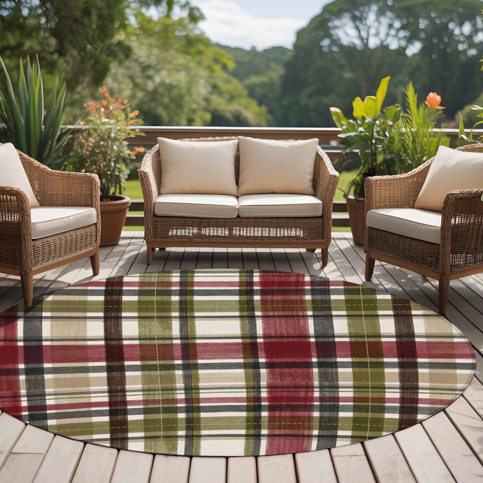 6ft Washable Round Rug, Scottish Tartan Plaid Non-Slip Circle Area Rug ...