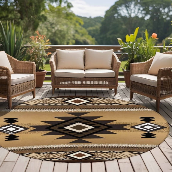 6ft Washable Round Rug, Southwest Ethnic Style Non-Slip Circle Area Rug for Living Room Bedroom, Brown Tribe Retro Geometric Indoor Floor Mat for Home Decor