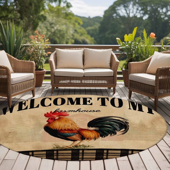 6ft Washable Round Rug, WELCOME TO MY FARMHOUSE Non-Slip Circle Area Rug for Living Room Bedroom, Country Rooster Brown Stripe Red Barn Retro Indoor Floor Mat for Home Decor
