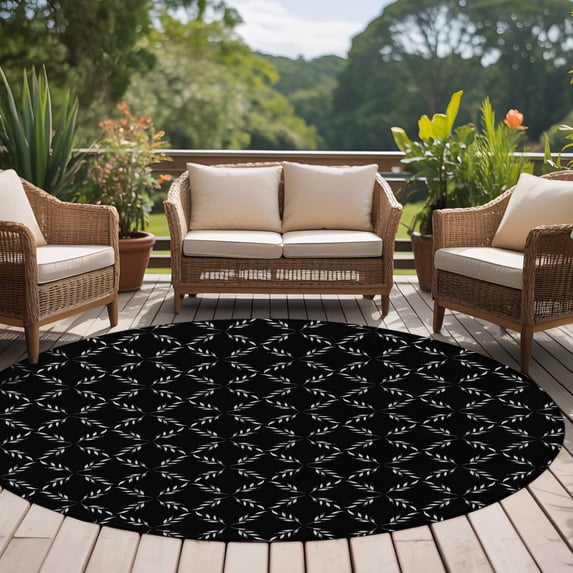 6ft Washable Round Rug, White Diamond Lattice Non-Slip Circle Area Rug for Living Room Bedroom, Black Retro Plaid Texture Indoor Floor Mat for Home Decor