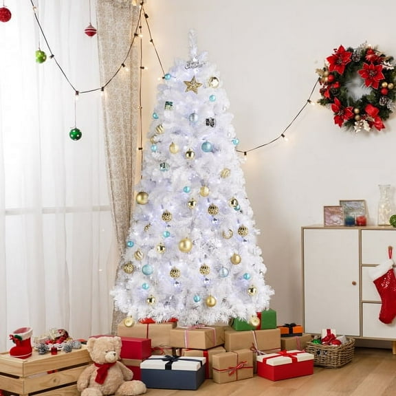6ft White Hanging Structure Christmas Tree - 845 PVC Branches, 300 Cool-Color LEDs, Sturdy Iron Stand, Indoor Holiday Decor
