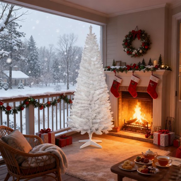 6ft White Pencil Xmas Tree with 390 Realistic Branch Tips, Easy Assembly & Easy Storage, Skinny Slim Christmas Tree for Holiday Home Decor