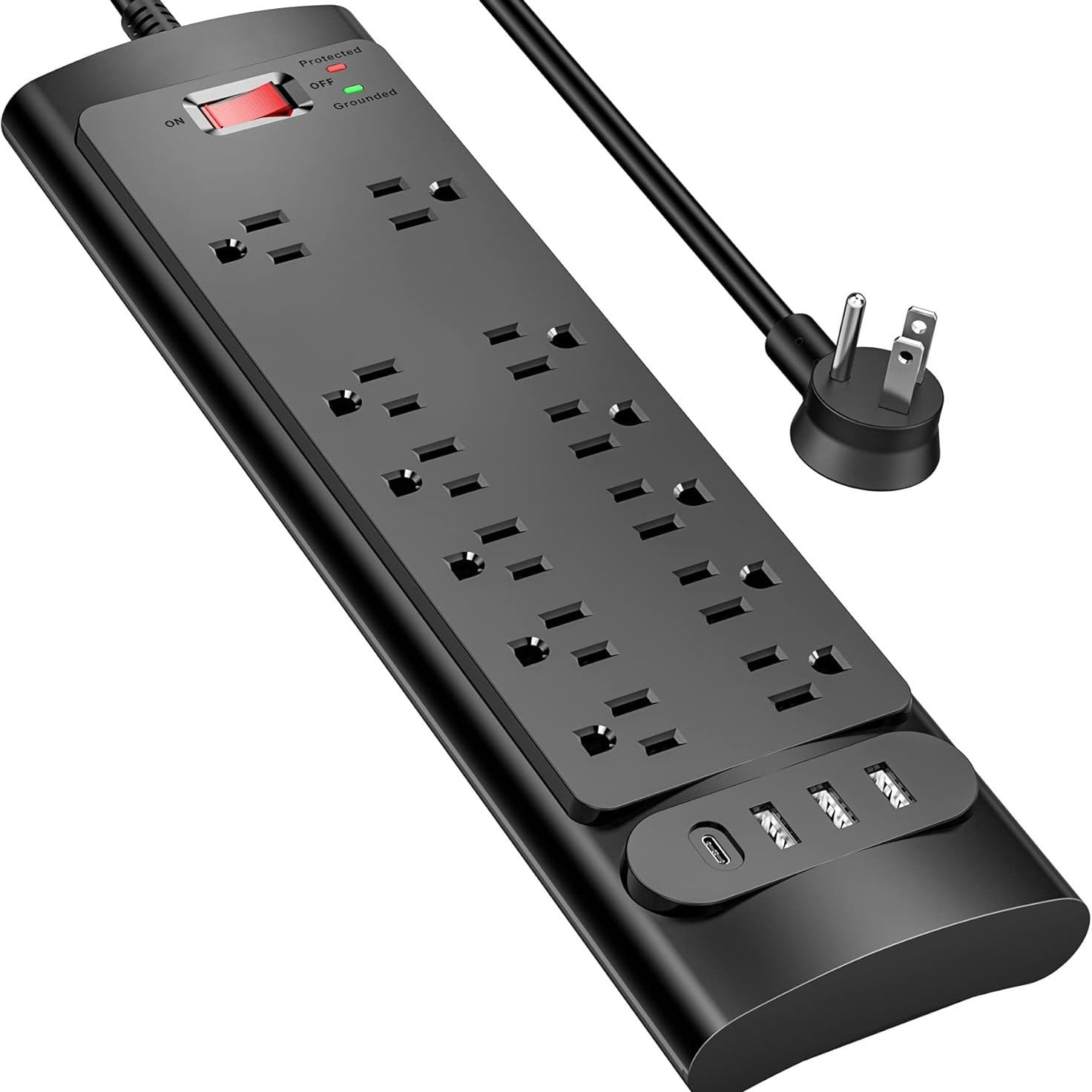 6ft extension cord with surge protection; 12 AC outlets & 4 USB ports, home office dorm essential; 1875W/15A, 2700 Joules, ETL certified, black