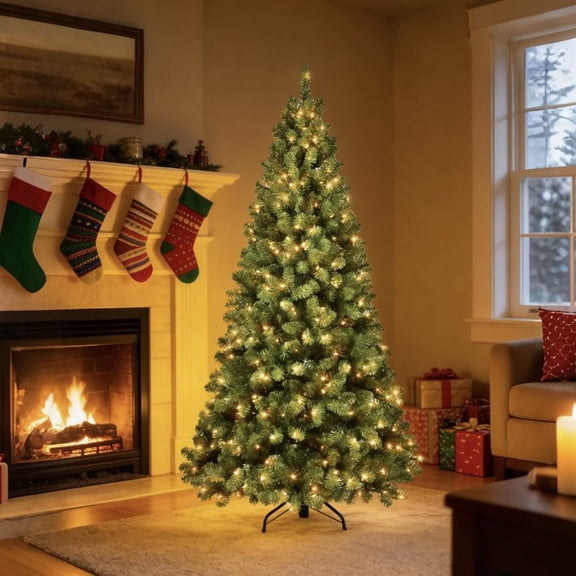 6ft prelit Green Christmas Tree – Lifelike Full-Bodied Festive Centerpiece& Warm Yellow LED Lights（memory wire）
