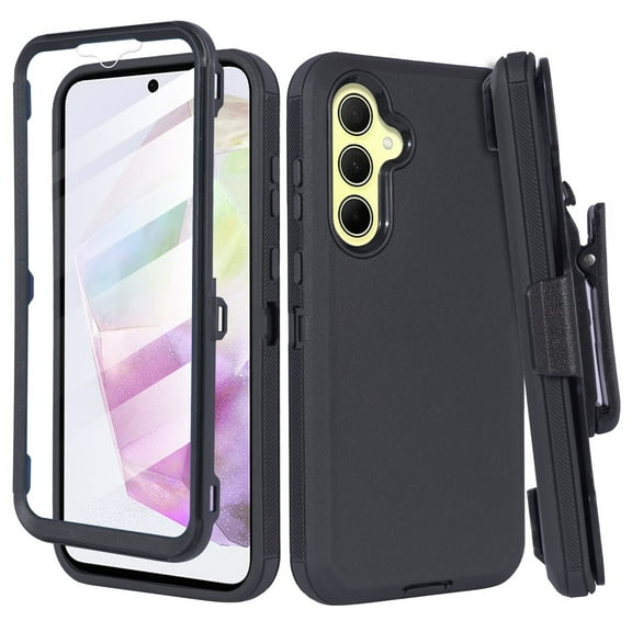 6goodeals For Samsung Galaxy A35 5G Case with Belt Clip, Full Protection & Rotating Belt Clip Holster with Built in Kickstand, Built in Screen Protector Black