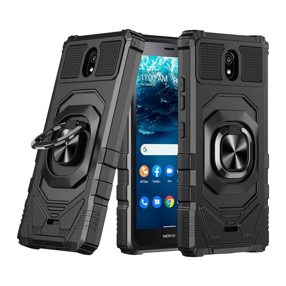 6goodeals Series For Nokia C100 Case with Tempered Glass Screen Protector, Full-Body [Military-Grade], Magnetic Car Mount Ring Holder, Heavy-Duty Case - Black