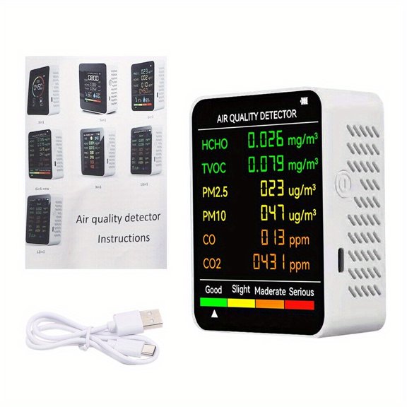 6in 1 Air Quality Monitor Indoor PM2.5 PM10 HCHO TVOC Gas Detector, LCD Digital Display Sensor Analyzer for Home Air Testing Durable Air Quality Tester