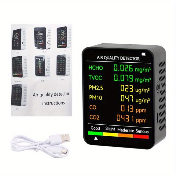 6in 1 Air Quality Monitor Indoor PM2.5 PM10 HCHO TVOC Gas Detector, LCD Digital Display Sensor Analyzer for Home Air Testing Durable Air Quality Tester