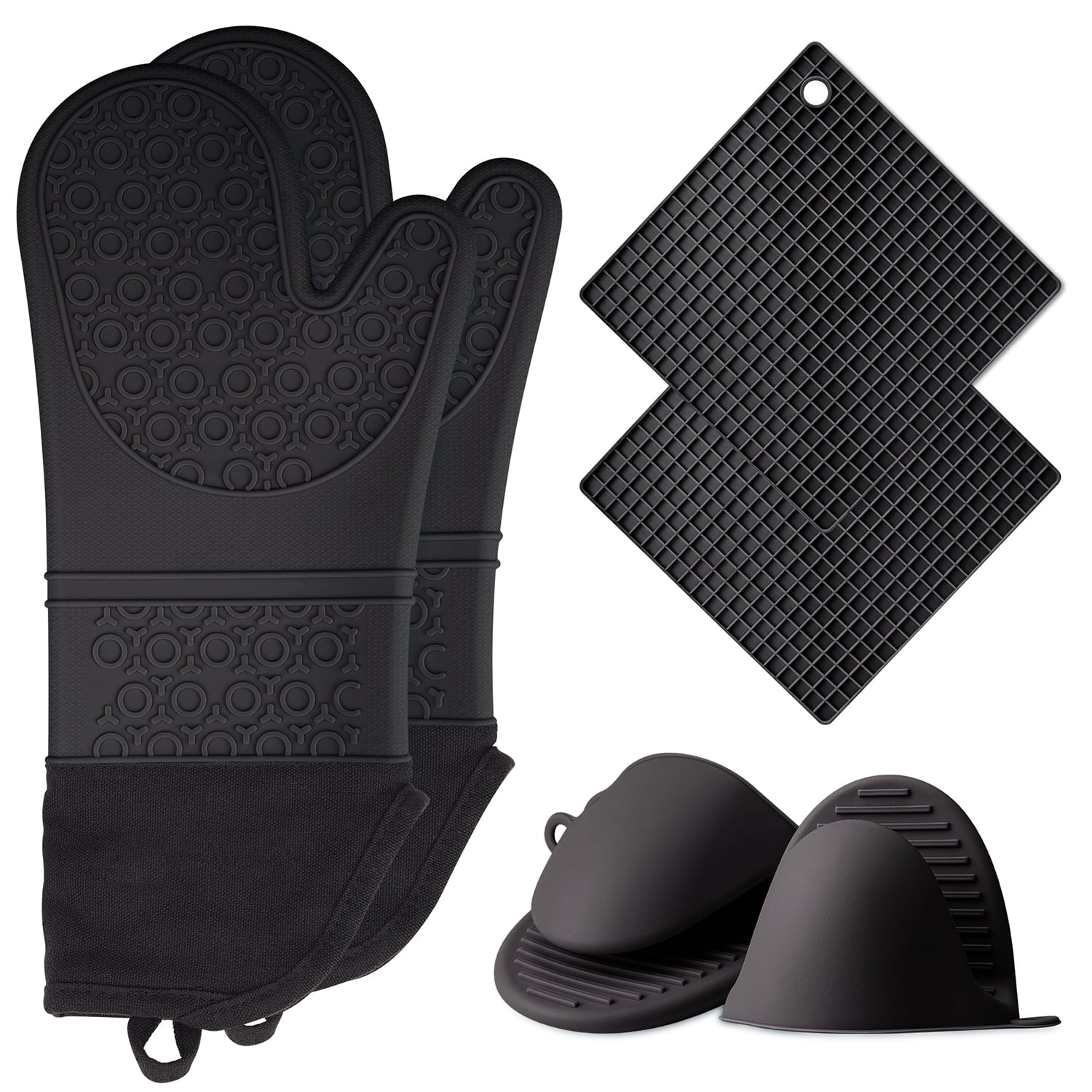 6in1 Heat Resistant Silicone Oven Gloves+ Pinch Grip Pot Holders+Trivet ...