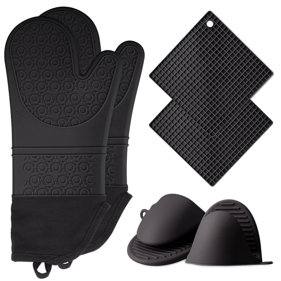 6in1 Heat Resistant Silicone Oven Gloves+ Pinch Grip Pot Holders+Trivet Set, Non-slip Textured Waterproof Kitchen Mitts w/Soft Inner Lining & XL Hand-safe Sleeve for Baking Cooking Grilling Barbecue
