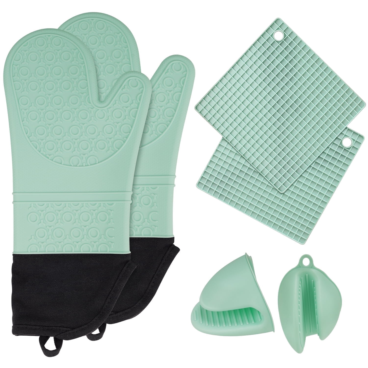 6in1 Heat Resistant Silicone Oven Gloves+ Pinch Grip Pot Holders+Trivet ...