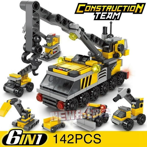 6in1 NEW Excavating Machinery Engineering Vehicle Crane Car Truck Material Handler Model Building Blocks Sets Bricks Toy City