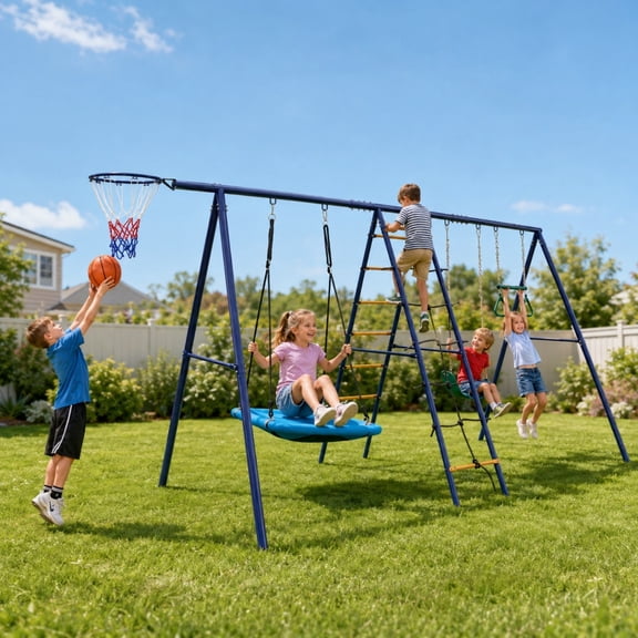 6in1 Swing Set for Outside, Heavy Duty A-Frame Metal Swing Set with Glider, Basketball Hoop, Climbing Frame, Climbing Net, Hammock Swing and Belt Swing, Backyard Playground Set for Kids Age 3-12
