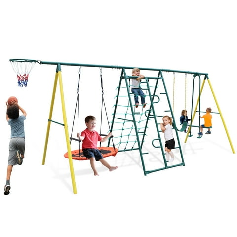 6in1 Swing Set for Outside, Heavy Duty A-Frame Metal Swing Set with Glider, Basketball Hoop, Climbing Frame, Climbing Net, Hammock Swing and Belt Swing, Backyard Playground Set for Kids Age 3-12