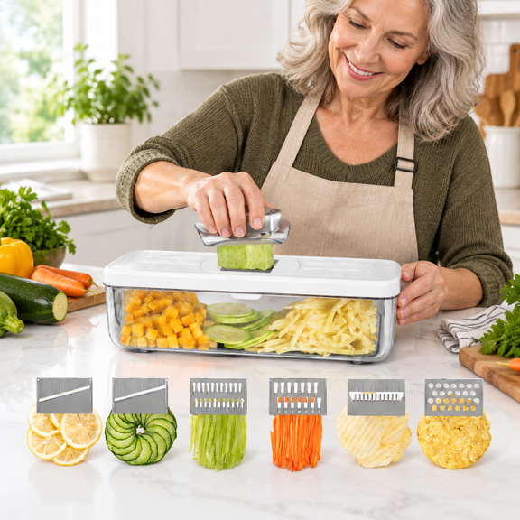 6in1 Vegetable Mandoline Slicer with Container, 6 Function Kitchen Food Prep Gadget