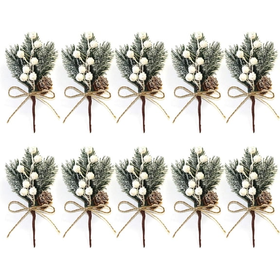6inch Artificial Pine Picks Pack of 10, Flocked Holly Christmas Red/ White Berry Picks Stems, Christmas Picks and Faux Snowy Berries with Pinecones, for DIY Xmas Decoration Floral Arrangements