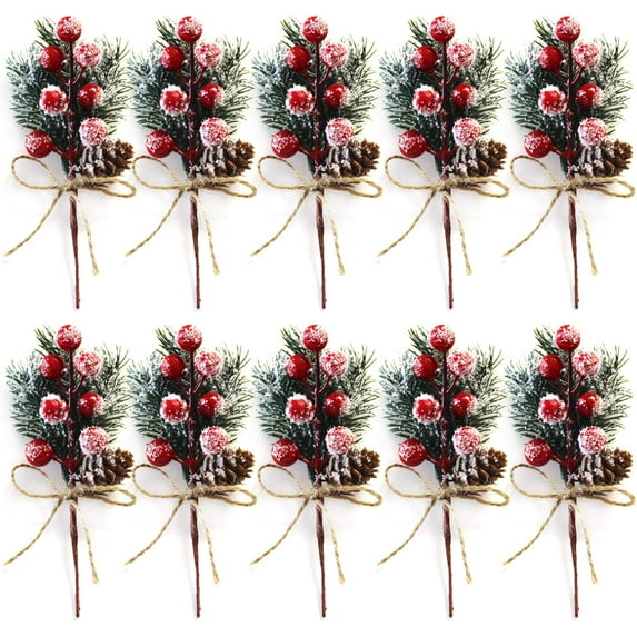 6inch Artificial Pine Picks Pack of 10, Flocked Holly Christmas Red/ White Berry Picks Stems, Christmas Picks and Faux Snowy Berries with Pinecones, for DIY Xmas Decoration Floral Arrangements