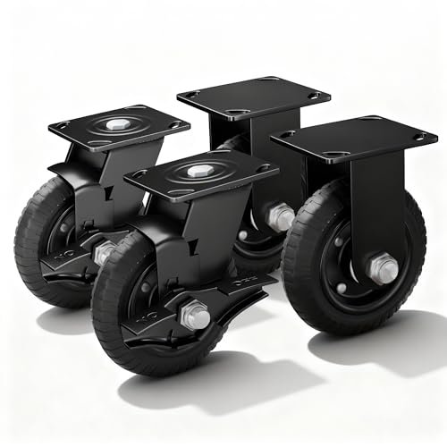 6inch Caster Wheels, 1700lb Heavy Duty Casters with Solid Rubber, Brake Plate Casters with Knobby Tread for Workbench, Dolly, Cart, Trolley, Wagon, Chicken Coop Set of 4 (2 Brake & 2 Fixed)