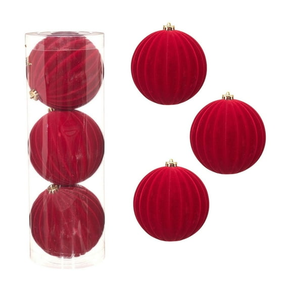 6inch Flocked Christmas Ball Ornaments – 3pcs Set in Red & White, Suede-Style Tree Hanging Decorations for Holiday, Party & Home Display