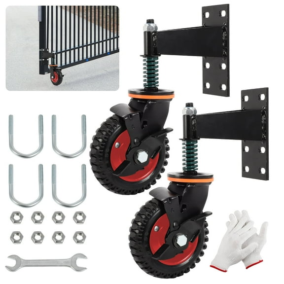 6inch Gate Casters with Brake, Moves Smoothly Fence Gate Wheel, 500 Lb Capacity 360 Degree Rotation Gate Wheels for Wooden/Metal Tube Gate Spring-Loaded Heavy Duty Gate Wheel Nuts Wrench Gloves