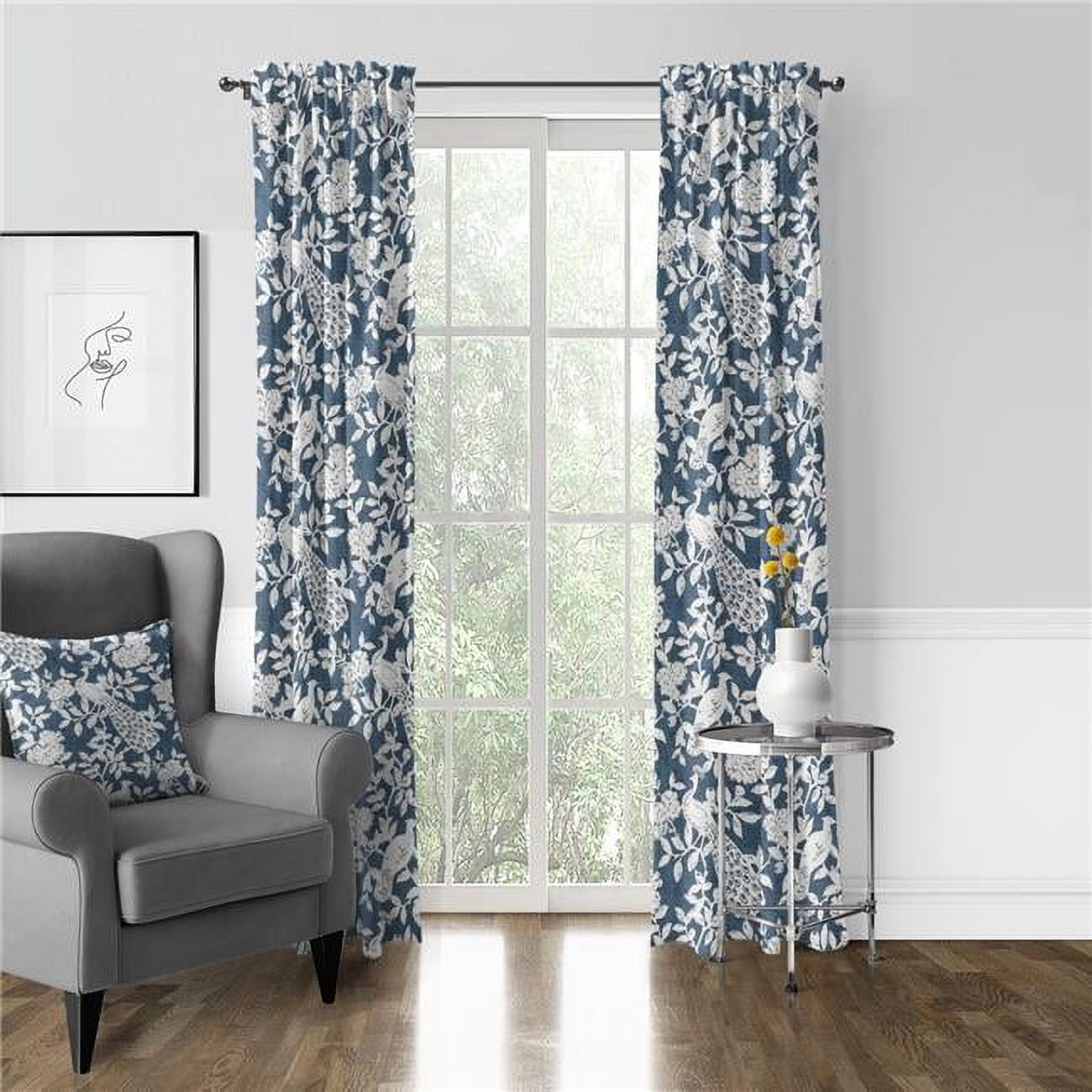 Lark Navy and White Cotton Pinch Pleat Drapery Panels, 20 x 96 in