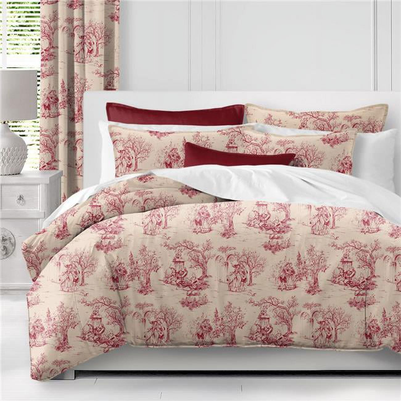 Twin Red Cotton Toile Duvet Cover and Pillow Sham Set