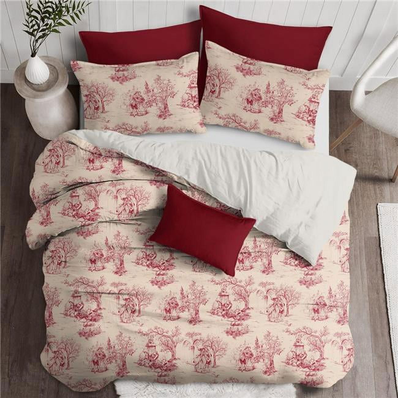 Twin Red Cotton Toile Duvet Cover and Pillow Sham Set
