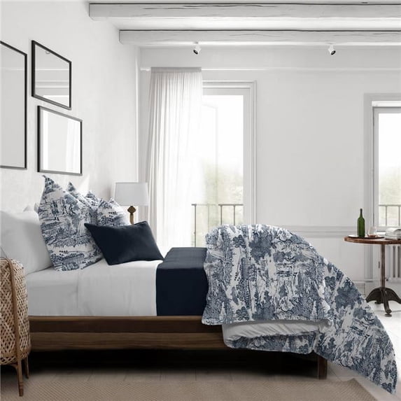6ix Tailors Beau Toile Comforter & 2 Pillow Shams Set, Blue - Queen Size - 3 Piece