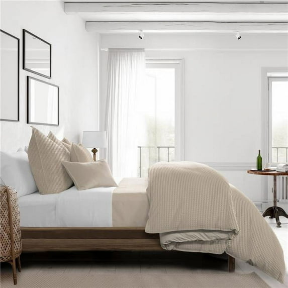6ix Tailors Classic Waffle Comforter & 2 Pillow Shams Set, Natural - Queen Size - 3 Piece