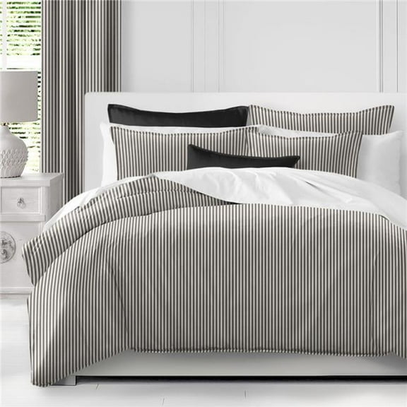 6ix Tailors  Cruz Ticking Stripes Coverlet & 2 Pillow Shams Set, Black & Linen - Super Queen Size - 3 Piece