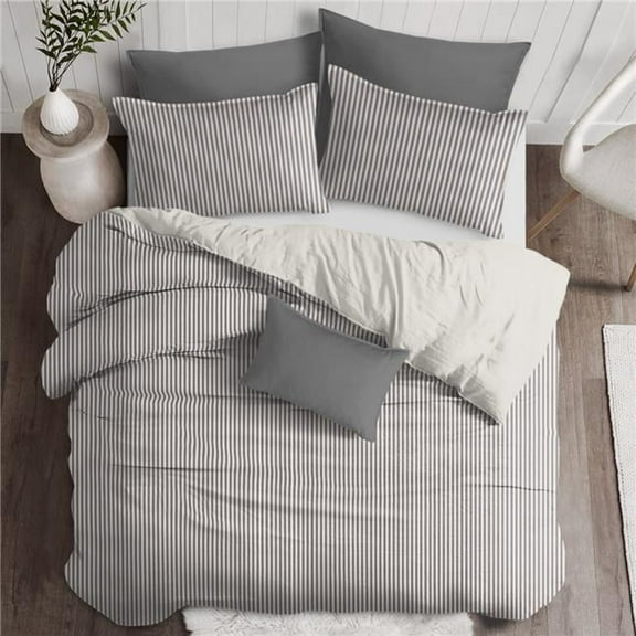 6ix Tailors  Cruz Ticking Stripes Duvet Cover & 1 Pillow Sham Set, Gray & Ivory - Twin Size - 2 Piece