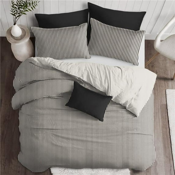 6ix Tailors Cruz Ticking Stripes Duvet Cover & 2 Pillow Shams Set, Black & Linen - King Size - 3 Piece