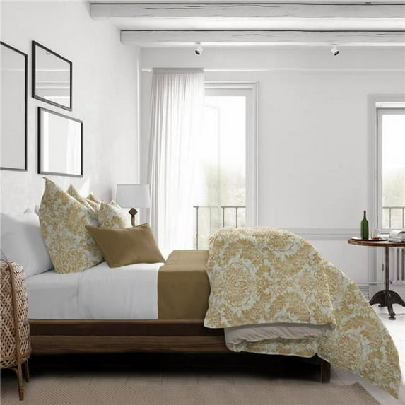 6ix Tailors Damaskus Linen Comforter & 2 Pillow Shams Set, Gold - Queen Size - 3 Piece