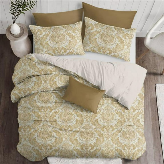 6ix Tailors Damaskus Linen Duvet Cover & 2 Pillow Shams Set, Gold - California King Size - 3 Piece