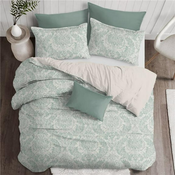 6ix Tailors  Damaskus Linen Duvet Cover & 2 Pillow Shams Set, Mist - Full & Double Size - 3 Piece