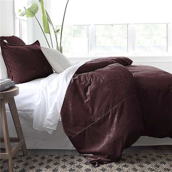 6ix Tailors Juno Velvet Comforter & 2 Pillow Shams Set, Bordeaux - Super Queen Size - 3 Piece