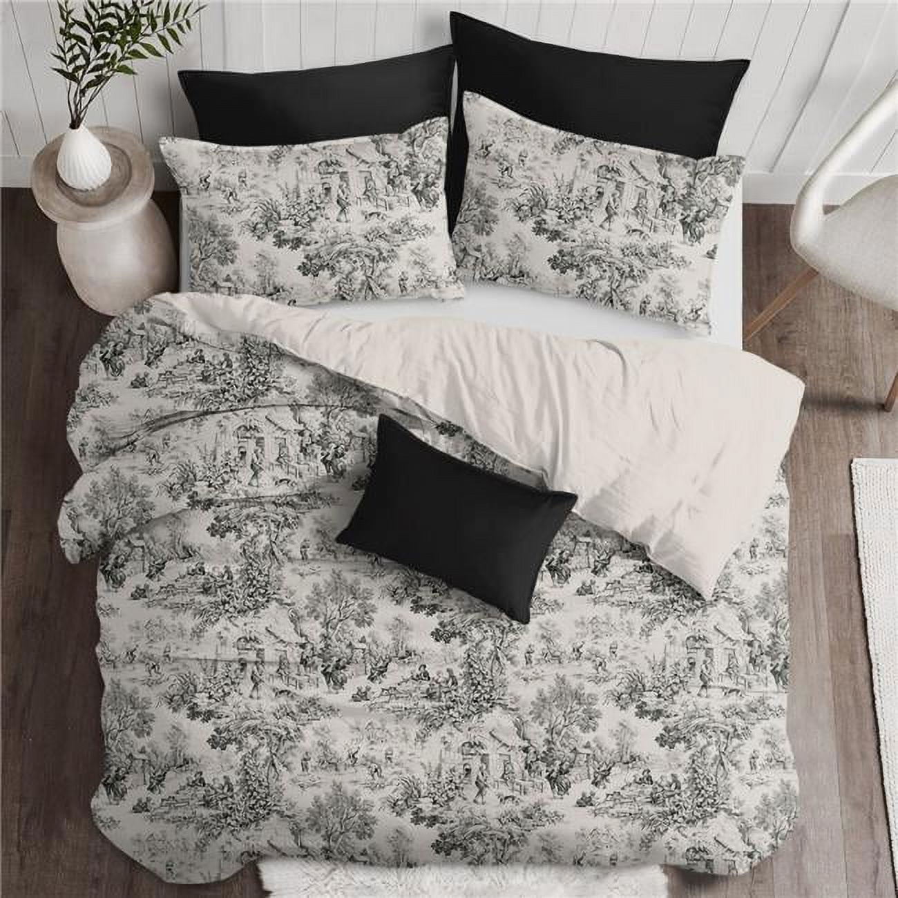 Black and White Twin Size Toile Coverlet and Pillow Sham Set