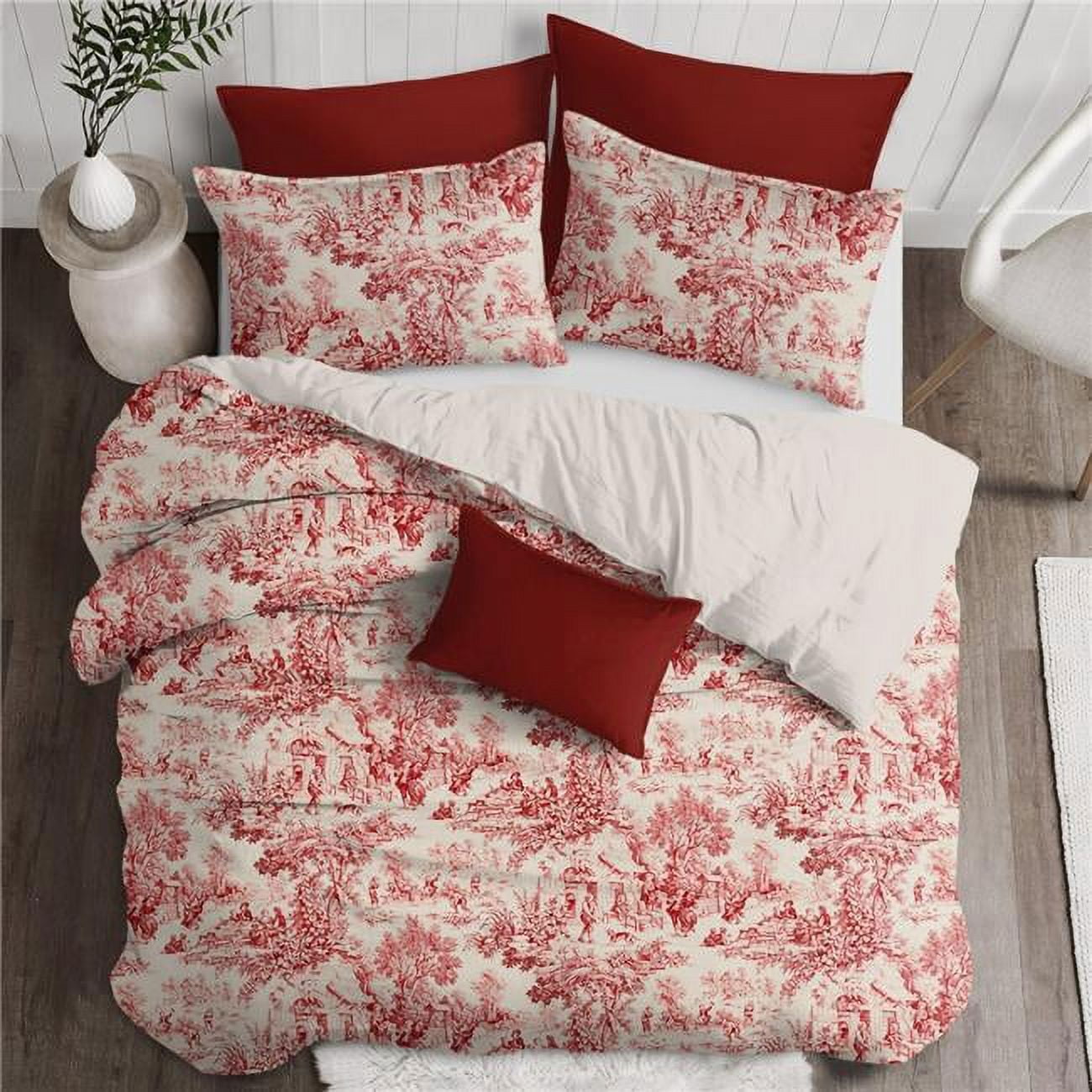 Twin Red Cotton French Toile Duvet Cover Set