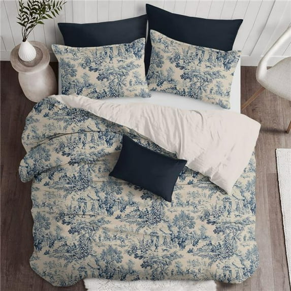 6ix Tailors Maison Toile Duvet Cover & 2 Pillow Shams Set, Blue - Queen Size - 3 Piece
