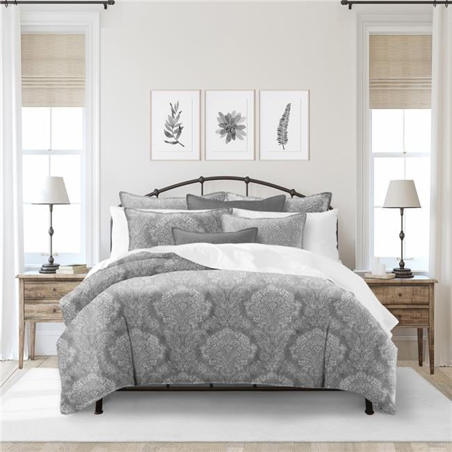 Gray Twin Cotton Damask Duvet Cover Set with Pillow Sham
