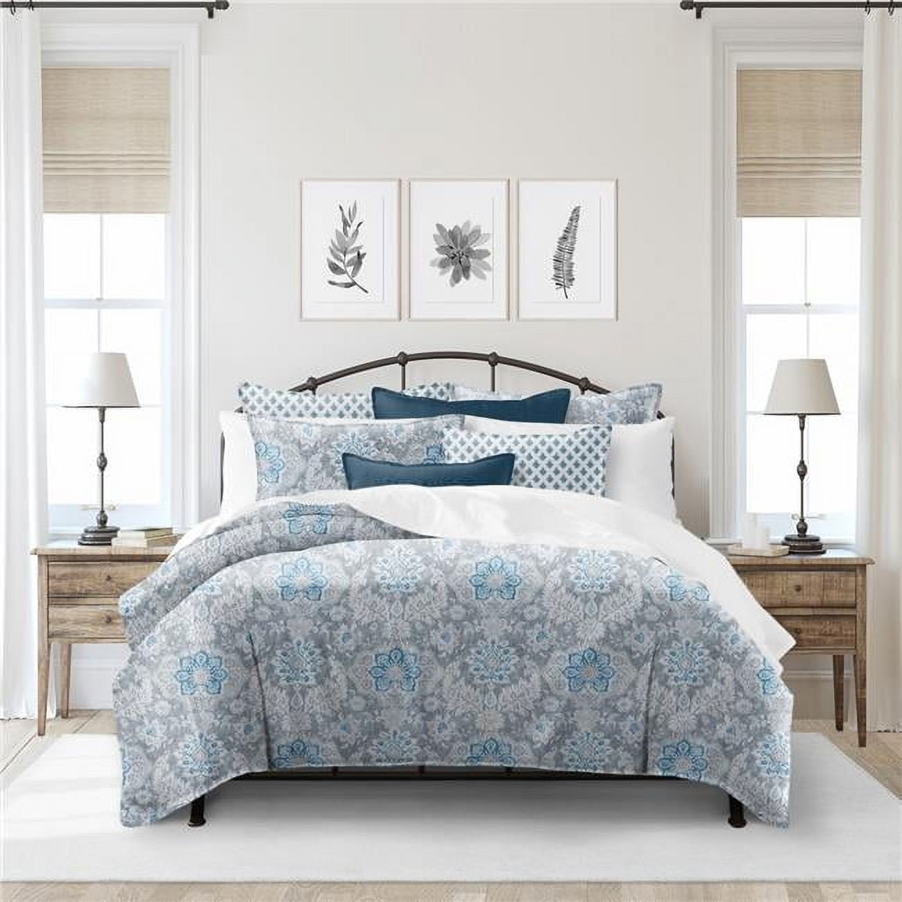 Sky and Gray Cotton Queen Comforter Set with Pillow Shams
