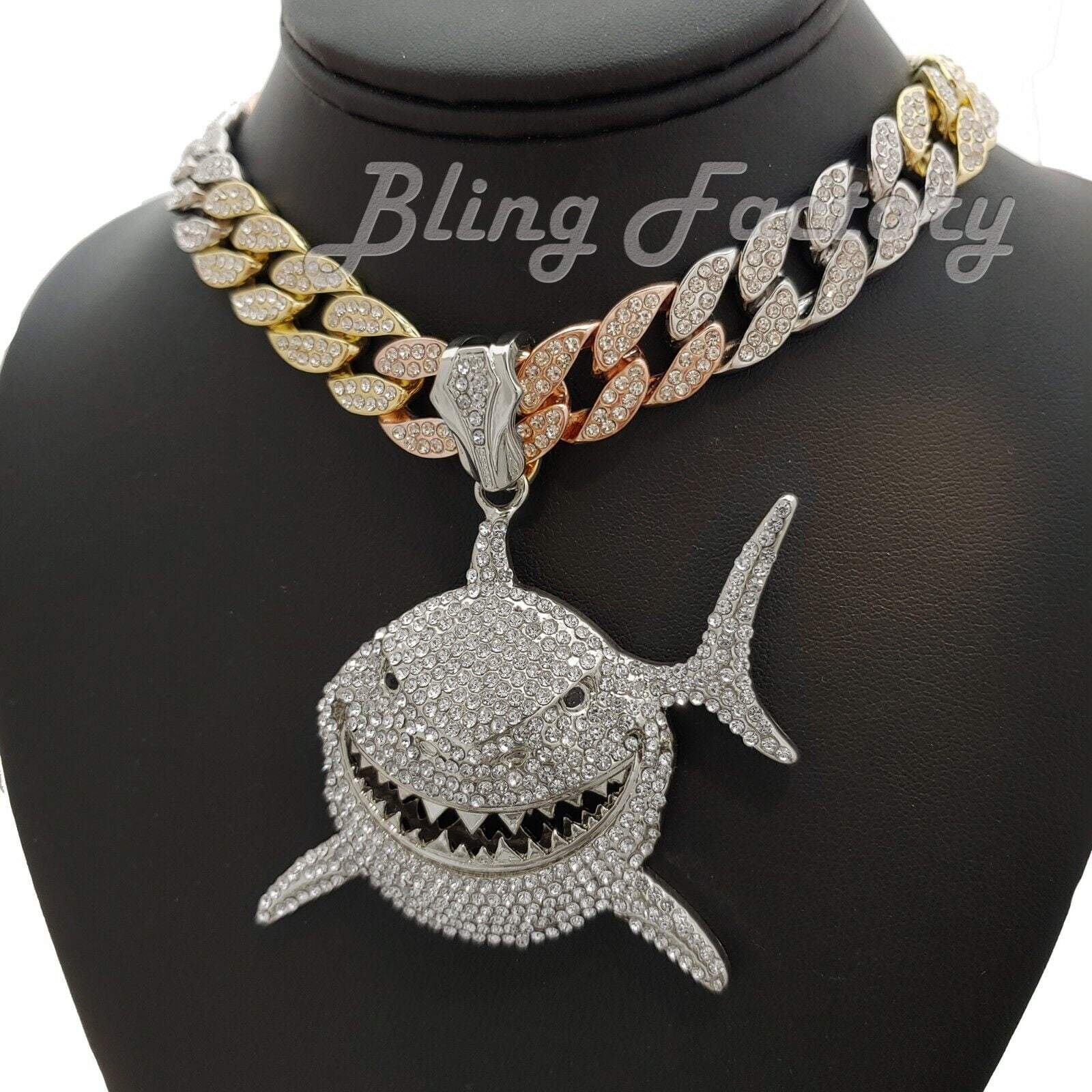 6ix9ine Shark pendant 18 Iced Multi Color Cuban Choker Chain Hip Hop Necklace Walmart