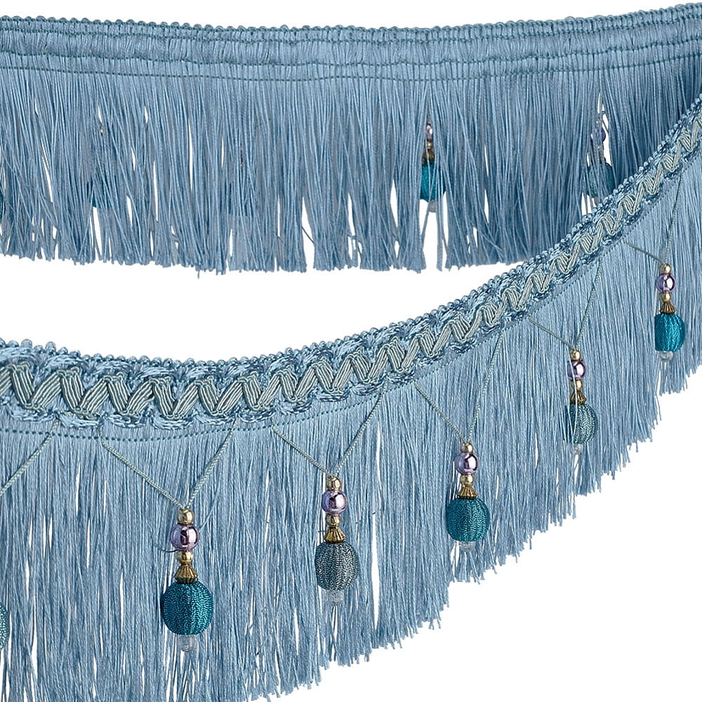 6m/6.6 Yards Hanging Beads Fringe Trim 4.4 Inch Wide Beaded Tassel Lace Sky Blue Bead Fringe Ribbon Hanging Ball Fringe Trim Ribbon DIY