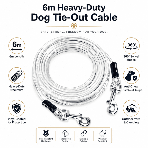 6m HeavyDuty Dog TieOut Cable, VinylCoated Steel Wire Dog Tether with Swivel Hooks, AntiChew Dog Leash for Outdoor Yard Camping