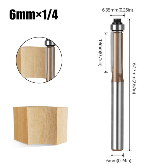 6mm 1/4in Shank Trim Router Bit 3 Flute Pattern Wood Router Bit With Bearing Aluminum Alloy/carbon Steel