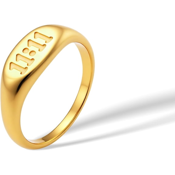 6mm 14K Gold Plated 1111 Angel Number Signet Rings for Women,Hypoallergenic Titanium Statement Ring,Sync with the Universe Spiritual Statement Band