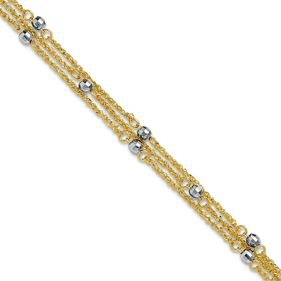 6mm 14k Solid Gold Two-tone Triple Strand Plus 1in Extension Anklet 10 Inch Anklet for Women